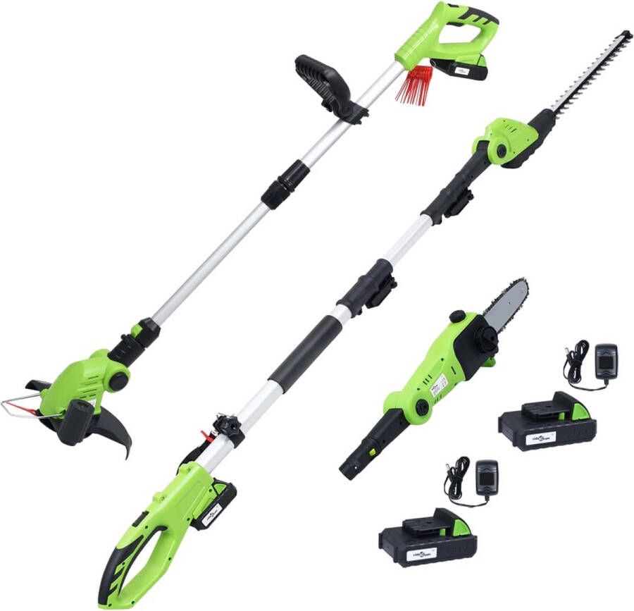 The Living Store Tuingereedschapsset Heggenschaar en takkenzaag Grastrimmer Draadloos Met opladers en 20 V 1.500 mAh Li-ion-accus Groen en zwart Kunststof en metaal