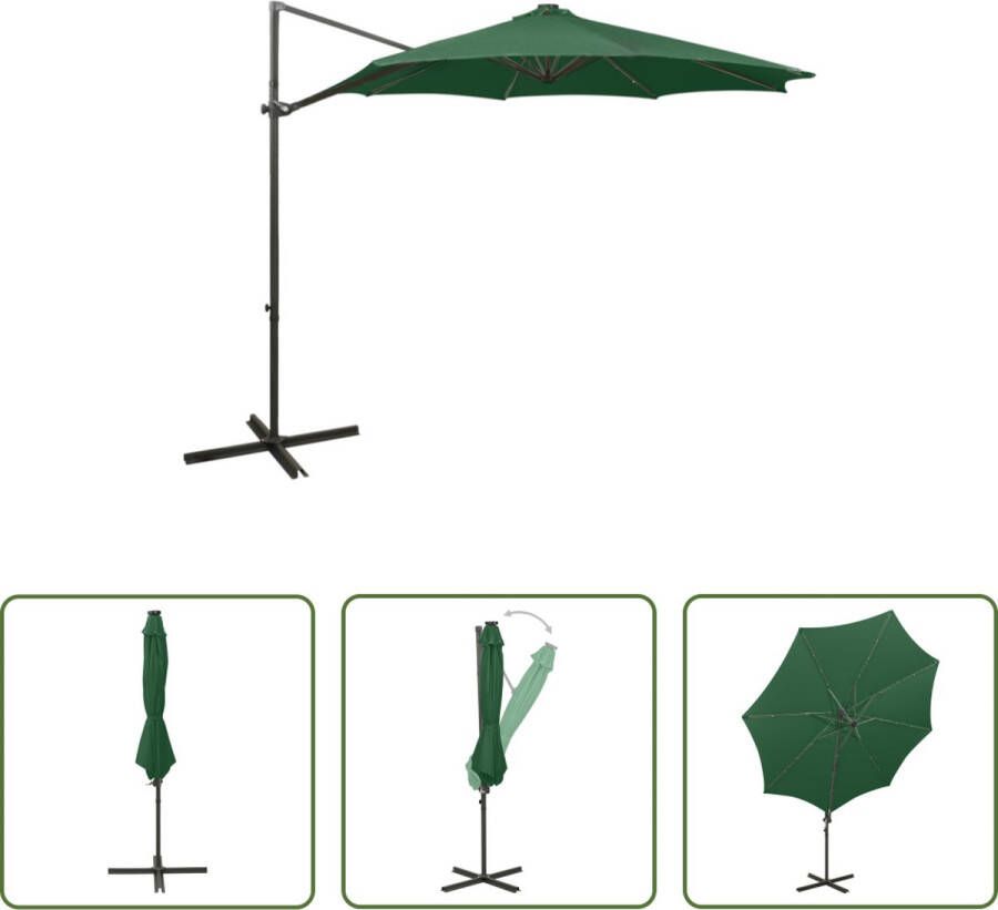 The Living Store Zweefparasol met paal en LED-verlichting 300 cm groen Parasol