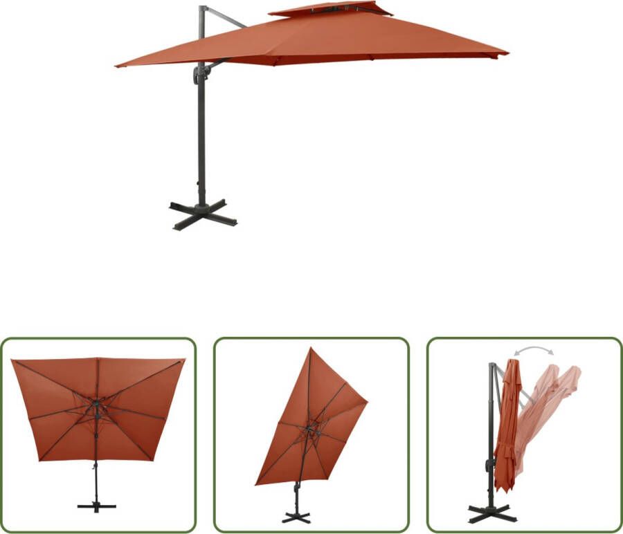 The Living Store Tuinparasol Terracotta 300 x 300 x 258 cm Met kruisvoet Kantelbaar en 360 graden draaibaar Inclusief 8 baleinen Dubbel dak Montage vereist