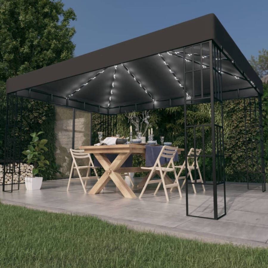 The Living Store Tuinpaviljoen 3 x 4 x 2.6 m Ventilerende luifel Stalen constructie Polyester dak Antraciet zwart Solar verlichting Montage vereist