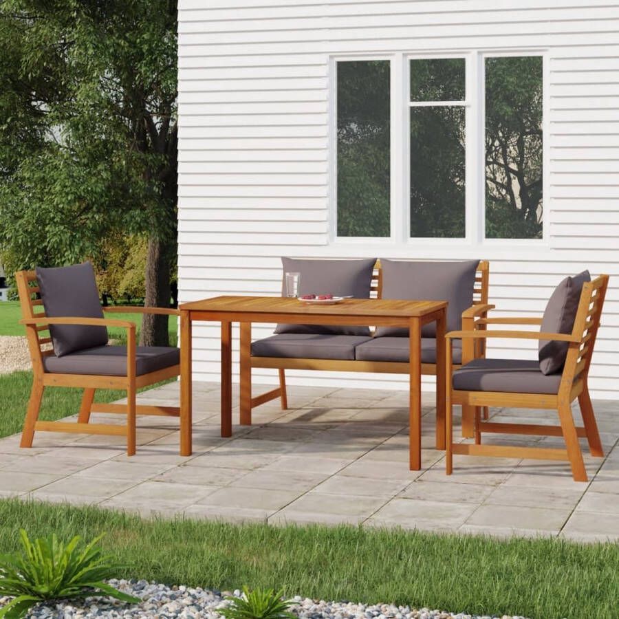 The Living Store Tuinset Acacia 1 bankje 2 stoelen 1 tafel donkergrijs kussen 150x60.5x81 cm (BxDxH)