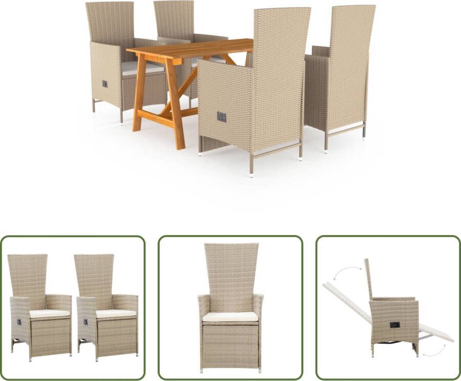 The Living Store Tuinset Acacia Eettafel 140x70x73.5 cm Beige PE-rattan Verstelbare rugleuning