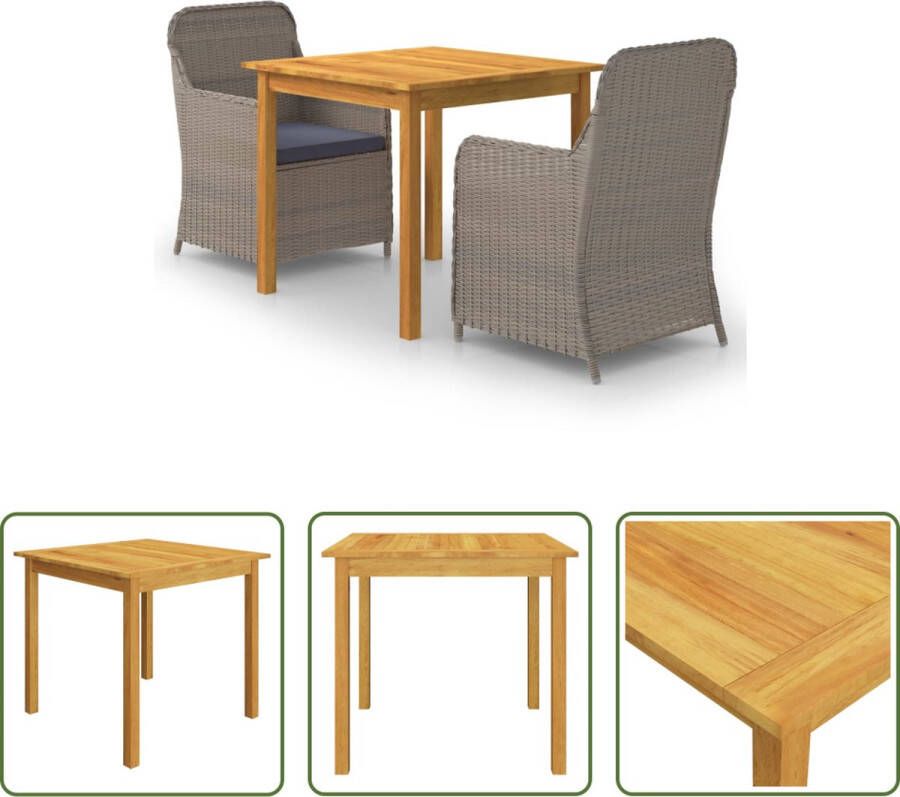 The Living Store Tuinset Acacia Eettafel 85x85x74 cm Stoelen 64x65x90 cm Bruin Donkergrijs kussen