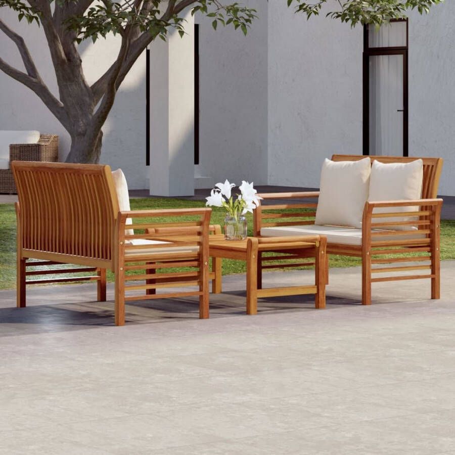 The Living Store Tuinset Acaciahout 2x tweezitsbank + tafel + 6x kussen Crèmewit