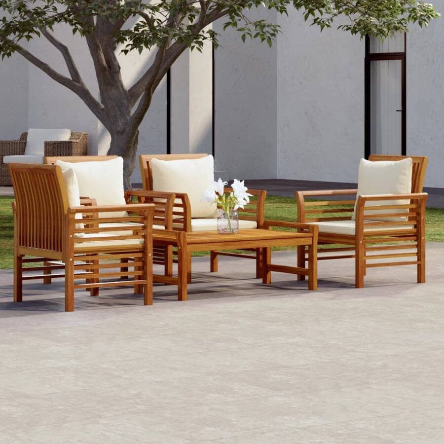 The Living Store Tuinset Acaciahout 4 Armstoelen Tafel 100x50x50cm Crèmewit Kussen