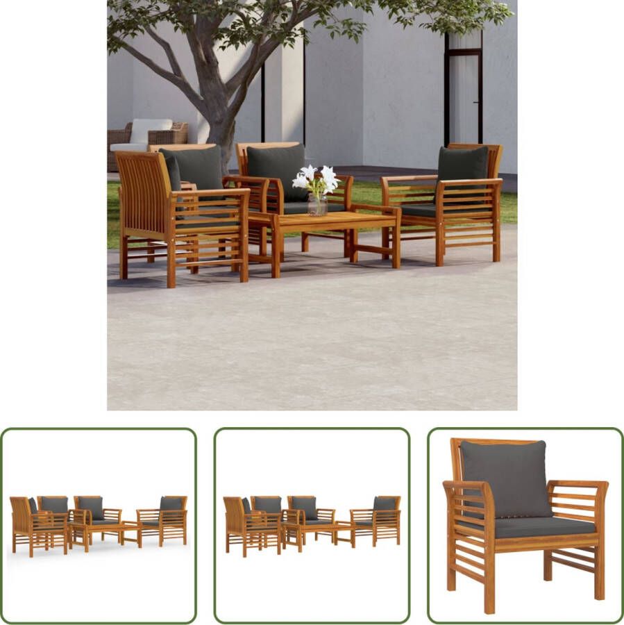 The Living Store Tuinset Acaciahout Armstoel met Kussen Tafel Donkergrijs 4 stoelen 1 tafel 8 kussens