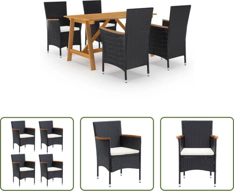 The Living Store Tuinset Acaciahout Eettafel 140x70x73.5cm Stoel 52x57x84cm PE-rattan Staal Zwart Crèmewit Kussen Montage vereist 1 tafel 4 stoelen 4 zitkussens