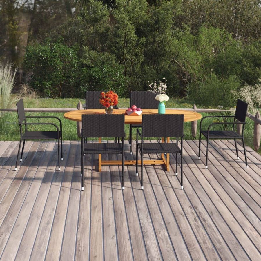 The Living Store Tuinset Acaciahout Eettafel (150-200x100x74 cm) 6 Stoelen (51x60x87 cm) Zwart Rattan