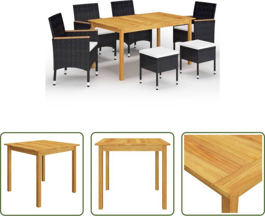 The Living Store Tuinset Acaciahout Eettafel 150 x 90 x 74 cm Stoel en Kruk Zwart Kussen Crèmewit PE Rattan