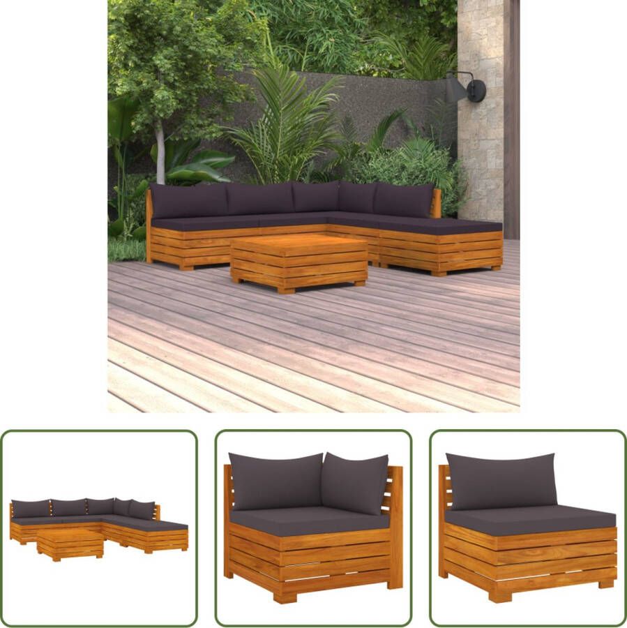 The Living Store Tuinset Acaciahout Hoek Middenbank 68x68x60cm Tafel Voetenbank 68x68x30cm Donkergrijs kussen