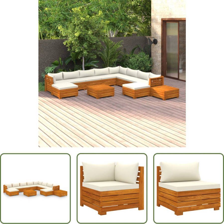The Living Store Tuinset Acaciahout Lounge Crèmewit Kussen 68x68x60 cm Hoek Middenbank 68x68x30 cm Tafel Voetenbank Massief Montage vereist