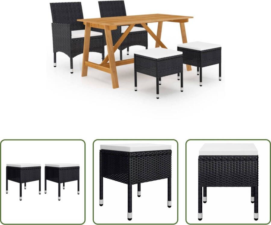 The Living Store Tuinset Acaciahout met Oliefinish PE Rattan Zwart Crèmewit Tafel- 140x70x73.5 cm Stoel- 52x57x84 cm Kruk- 41.5x41.5x42.5 cm