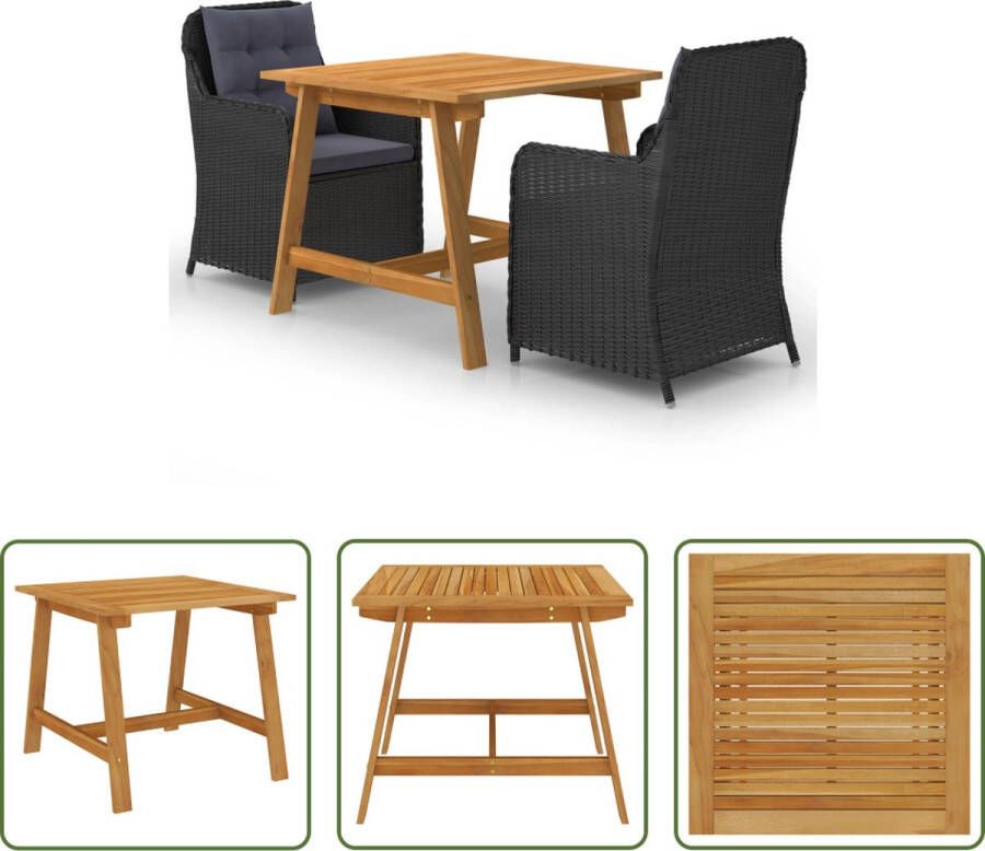 The Living Store Tuinset Acaciahout Zwarte Rattan Eetstoelen Massief Acaciahouten Tafel 88 x 88 x 74 cm PE Rattan en Staal Zwart 64 x 65 x 90 cm Zitkussens en Rugkussens Montage vereist