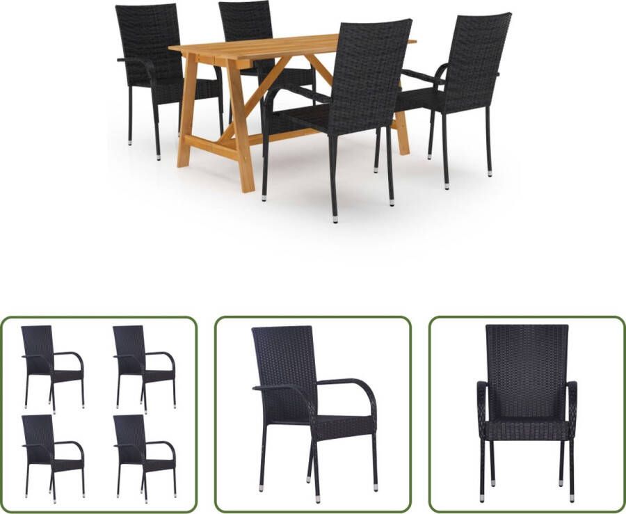 The Living Store Tuinset Acaciahouten eettafel 140 x 70 x 73.5 cm Zwarte rattan eetstoelen 55.5 x 53.5 x 95 cm