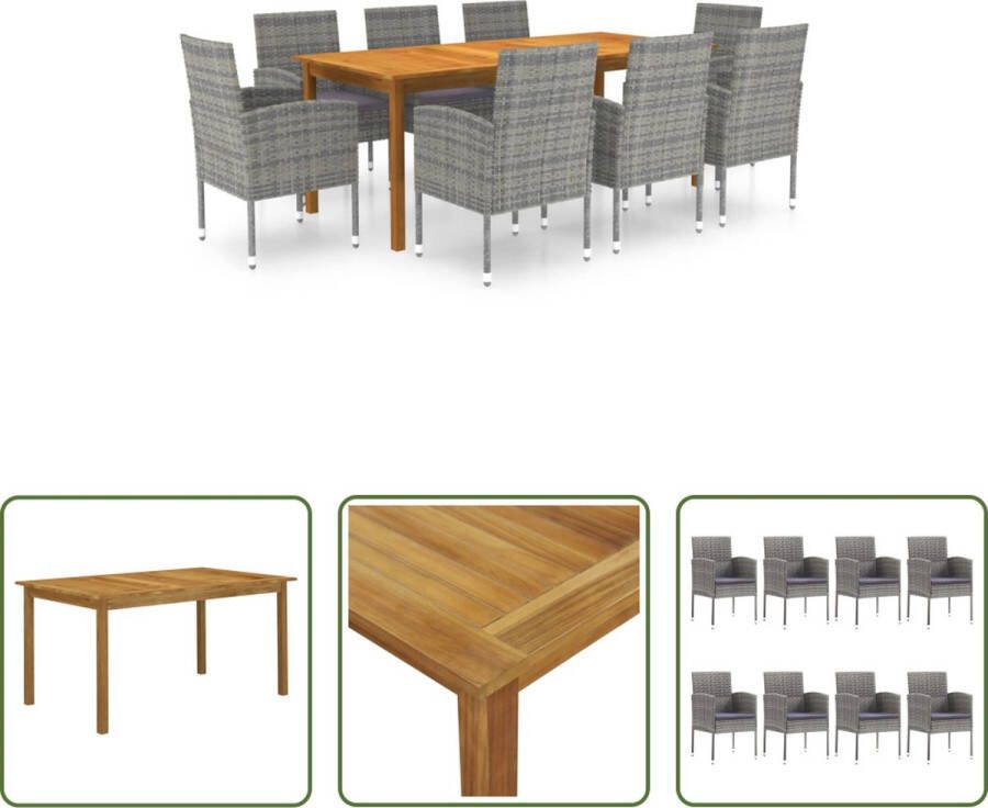 The Living Store Tuinset Acaciahouten Eettafel 200x90x74 cm Grijze PE Rattan Eetstoelen 8 Stoelen Kussens