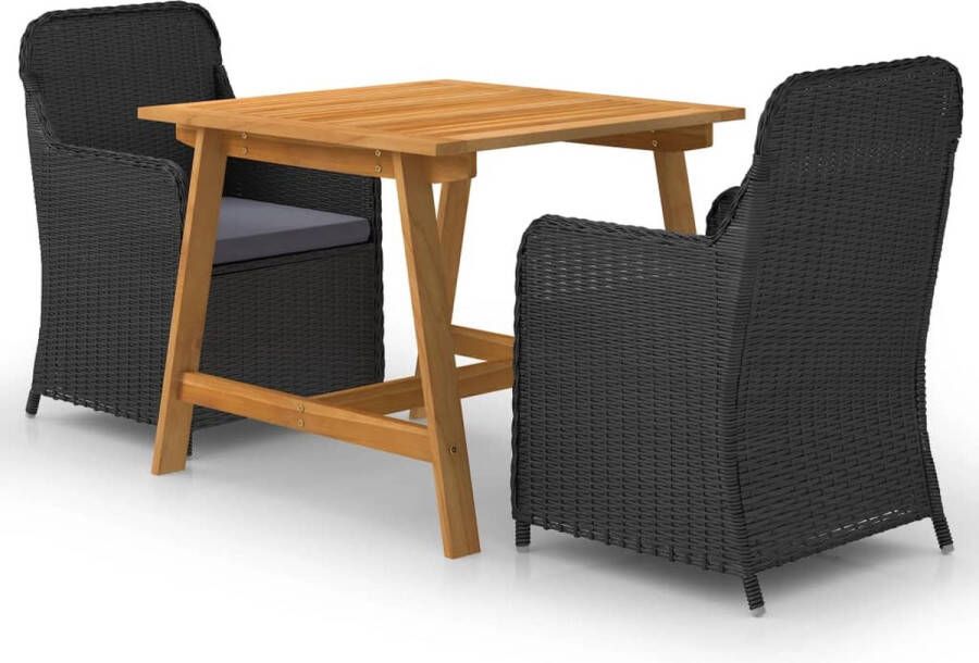 The Living Store Tuinset Acaciahouten Eettafel 88x88x74cm Zwart PE Rattan Stoelen 64x65x90cm Donkergrijs Kussen