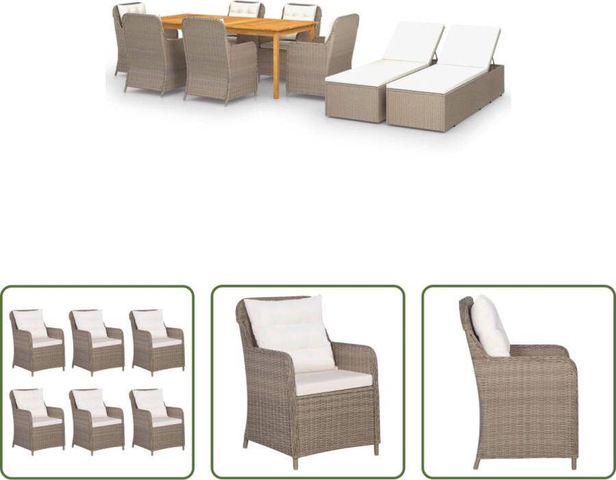 The Living Store Tuinset Acaciahouten Eettafel Bruine Stoelen en Ligbedden PE Rattan 200x90x74 cm Inclusief Kussens Montage Vereist