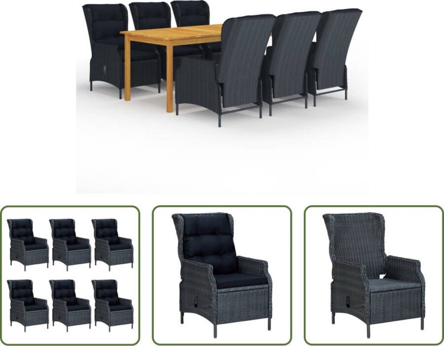 The Living Store Tuinset Acaciahouten eettafel Donkergrijze buitenstoel 200x90x74cm PE-rattan zwart kussen Verstelbare rugleuning Lichtgewicht 1 tafel 6 stoelen