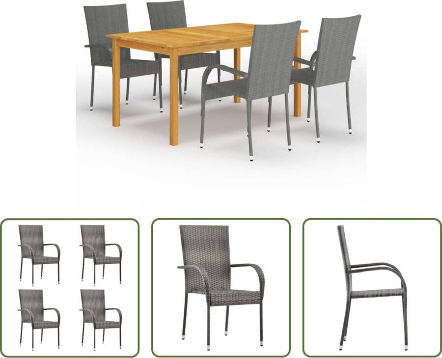 The Living Store Tuinset Acaciahouten eettafel Grijze PE-rattan stoelen 150x90x74 cm Montage vereist 1 tafel 4 stoelen