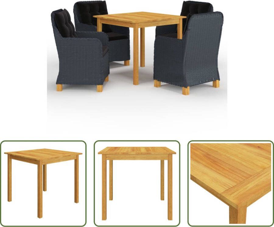 The Living Store Tuinset Acaciahouten eettafel met olieafwerking PE Rattan buitenstoel Donkergrijs Zwart kussen