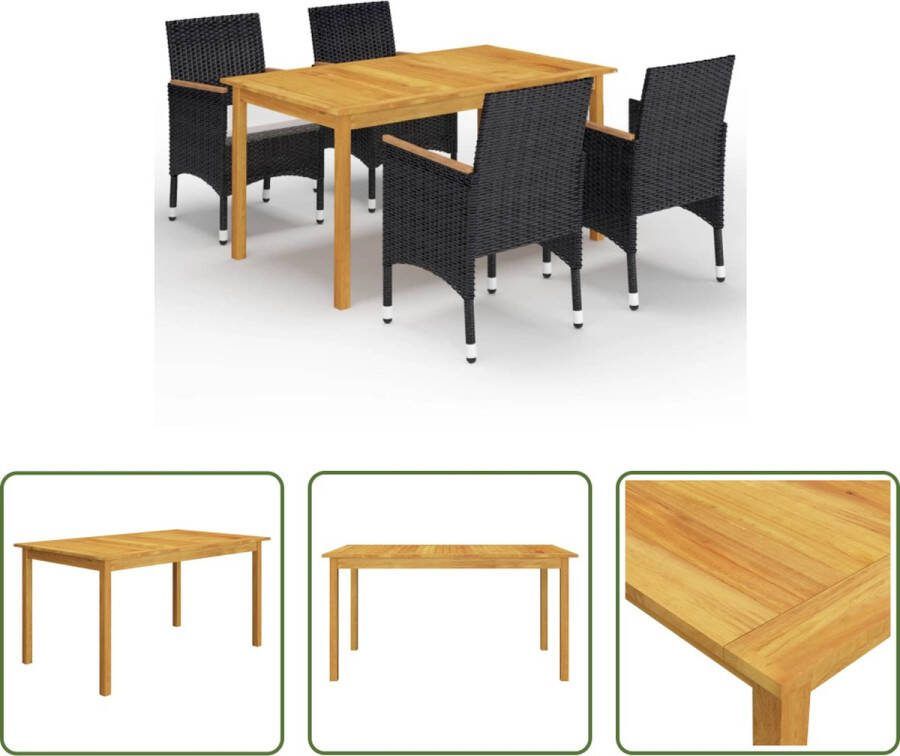The Living Store Tuinset Acaciahouten eettafel met PE-rattan stoelen Zwart 150x90x74 cm