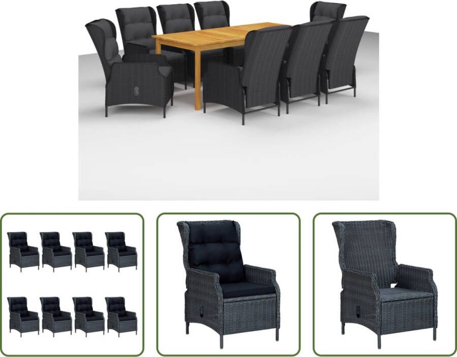 The Living Store Tuinset Acaciahouten eettafel PE-rattan buitenstoelen Donkergrijs Zwart kussen Verstelbare rugleuning Lichtgewicht constructie 200x90x74cm 6 stoelen Montage vereist