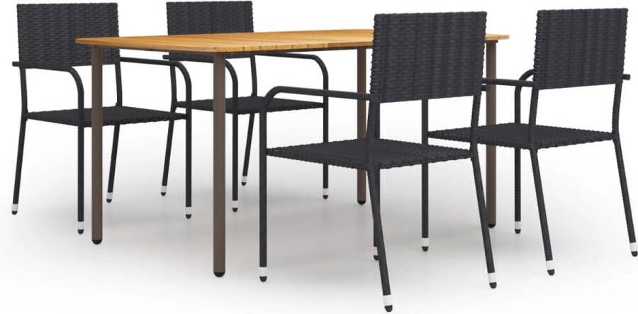 The Living Store Tuinset Acaciahouten eettafel PE-rattan eetstoelen 150x90x72 cm Zwart