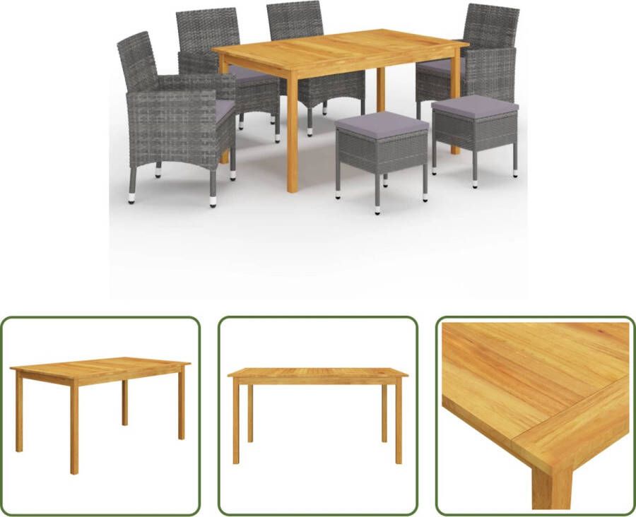 The Living Store Tuinset Acaciahouten eettafel PE-rattan eetstoelen en krukken Grijs 150 x 90 x 74 cm Montage vereist