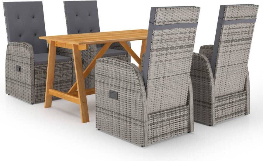 The Living Store Tuinset Acaciahouten Eettafel PE Rattan Eetstoelen Grijs 140x70x73.5 cm Verstelbaar