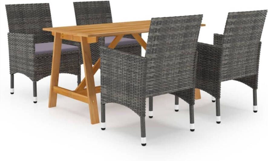 The Living Store Tuinset Acaciahouten Eettafel PE Rattan Eetstoelen Grijs 140x70x73.5cm