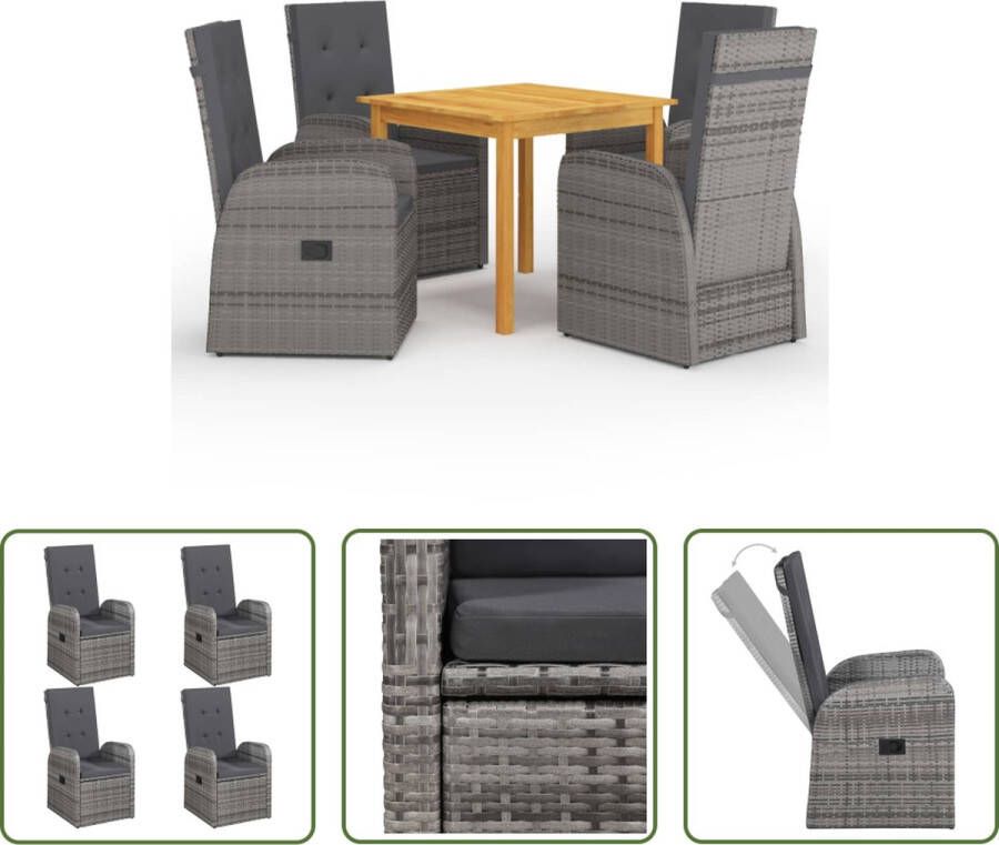 The Living Store Tuinset Acaciahouten eettafel PE-rattan eetstoelen Verstelbare rugleuning Inclusief kussens