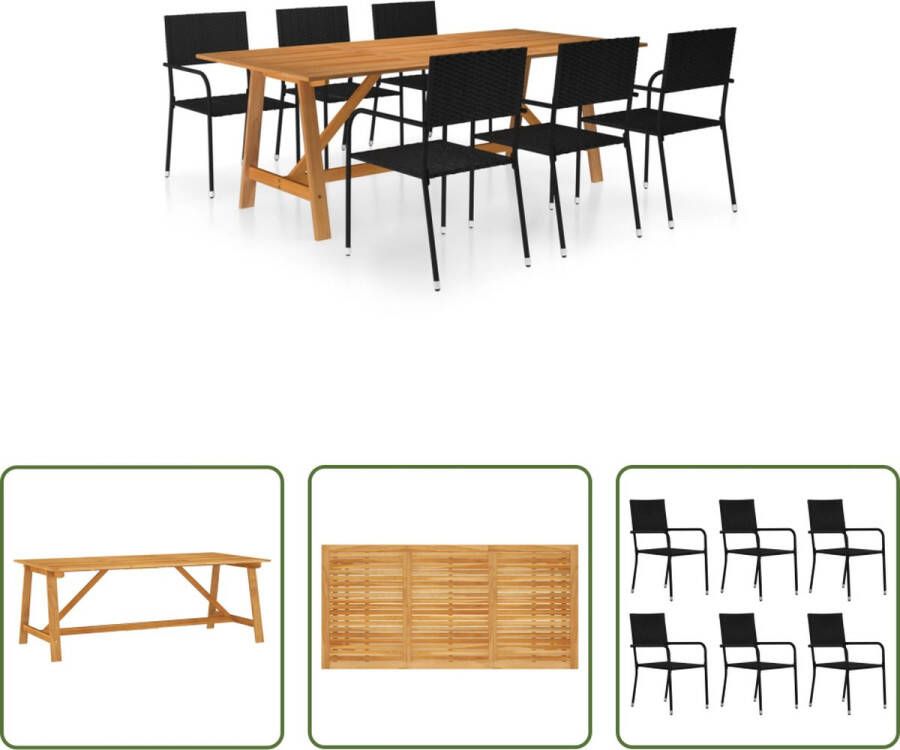 The Living Store Tuinset Acaciahouten Eettafel PE Rattan Eetstoelen Zwart 206 x 100 x 74 cm 51 x 60 x 87 cm