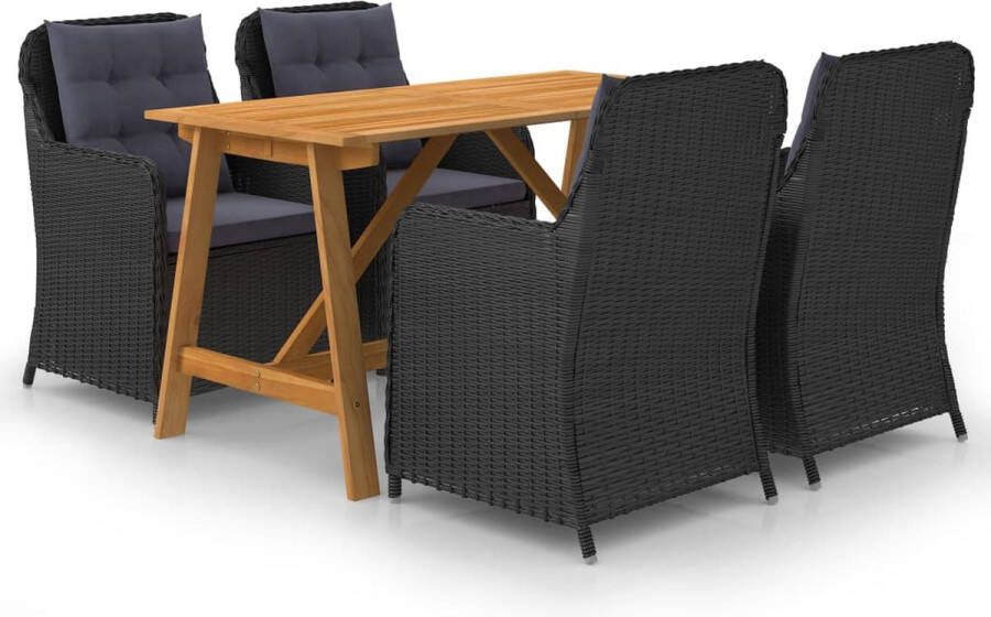 The Living Store Tuinset Acaciahouten Eettafel PE-rattan Stoelen 140x70x73.5 cm Zwart DG Inclusief Kussens