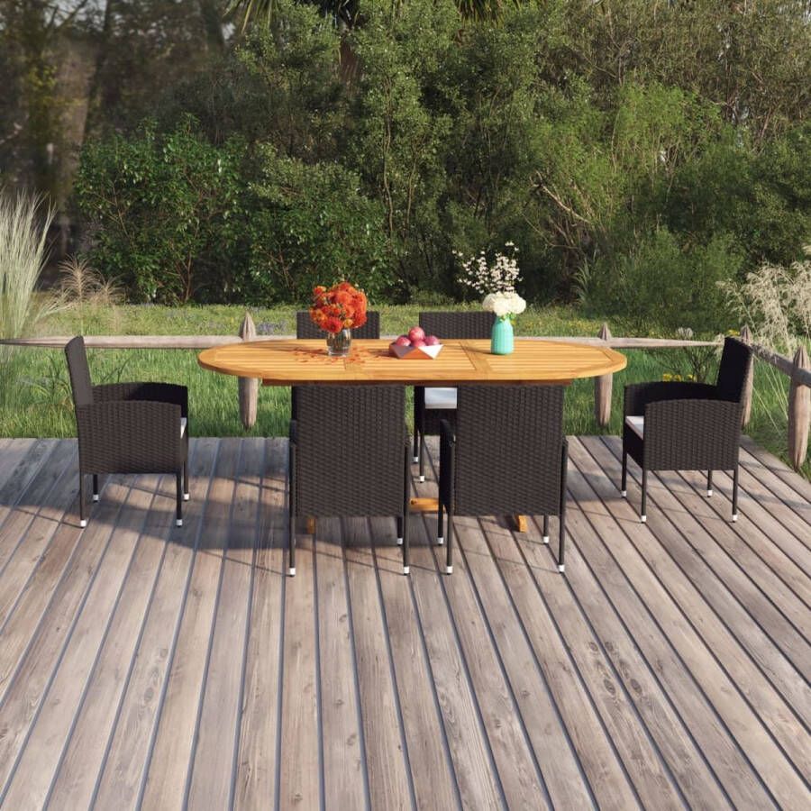 The Living Store Tuinset Acaciahouten Eettafel PE-rattan Stoelen Crèmewit Kussen 150-200x100x74 cm