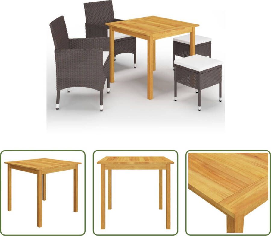 The Living Store Tuinset Acaciahouten eettafel PE-rattan stoelen en krukken Bruin 85 x 85 x 74 cm Creëer een boeiende en samenhangende esthetiek in je buitenruimte!