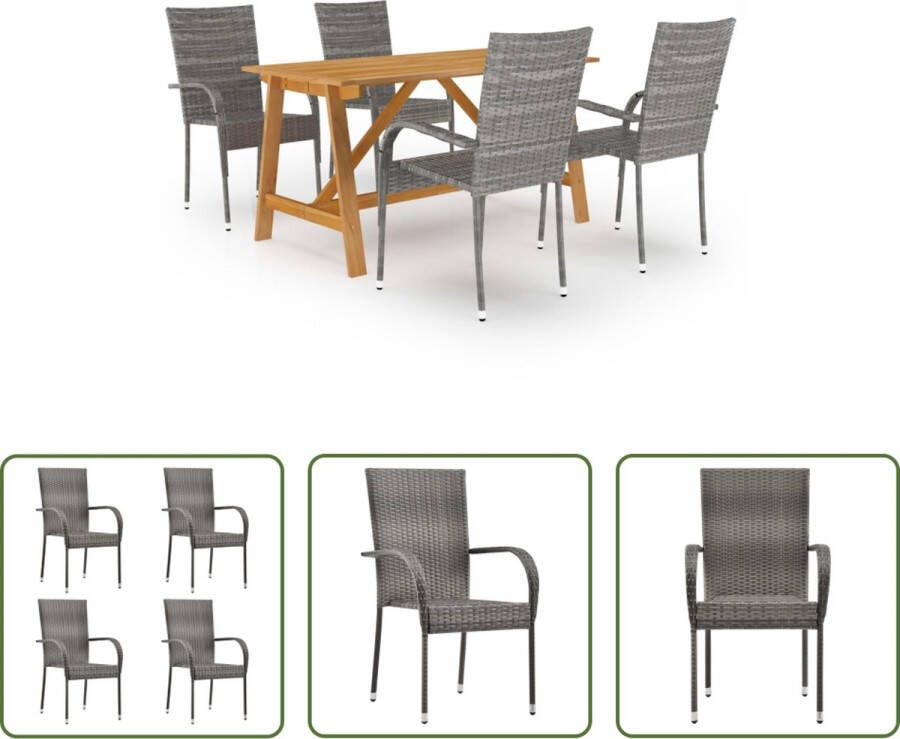 The Living Store Tuinset Acaciahouten eettafel PE rattan stoelen Grijs 140x70x73.5 cm