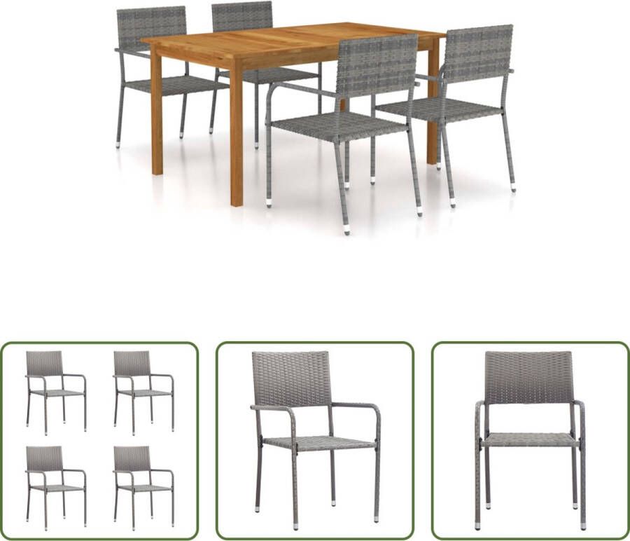 The Living Store Tuinset Acaciahouten Eettafel PE-rattan Stoelen Grijs 150 x 90 x 74 cm Montage vereist