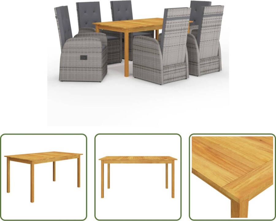 The Living Store Tuinset Acaciahouten Eettafel PE Rattan Stoelen Grijs 150x90x74cm Incl Kussens