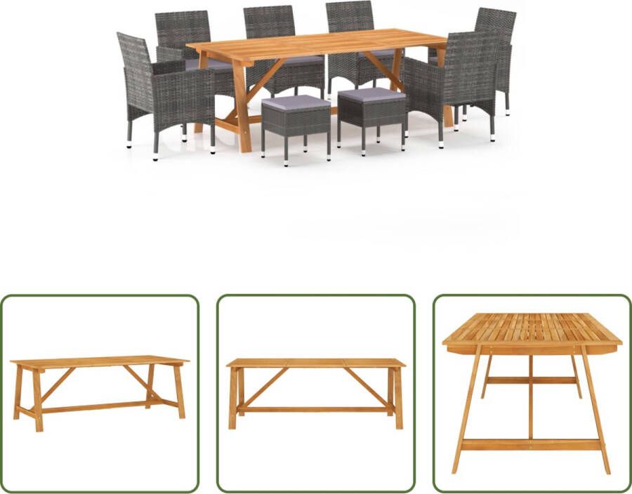 The Living Store Tuinset Acaciahouten Eettafel PE Rattan Stoelen Krukken Grijs 206x100x74 cm