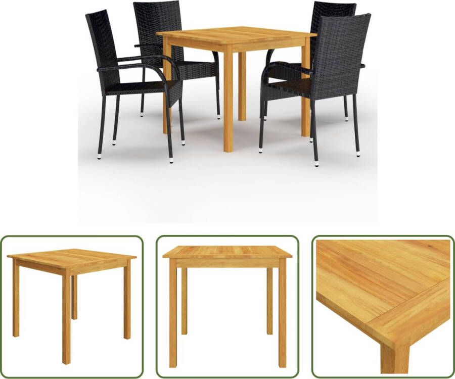 The Living Store Tuinset Acaciahouten Eettafel Zwart PE-rattan Stoelen 85x85x74 cm Weerbestendig