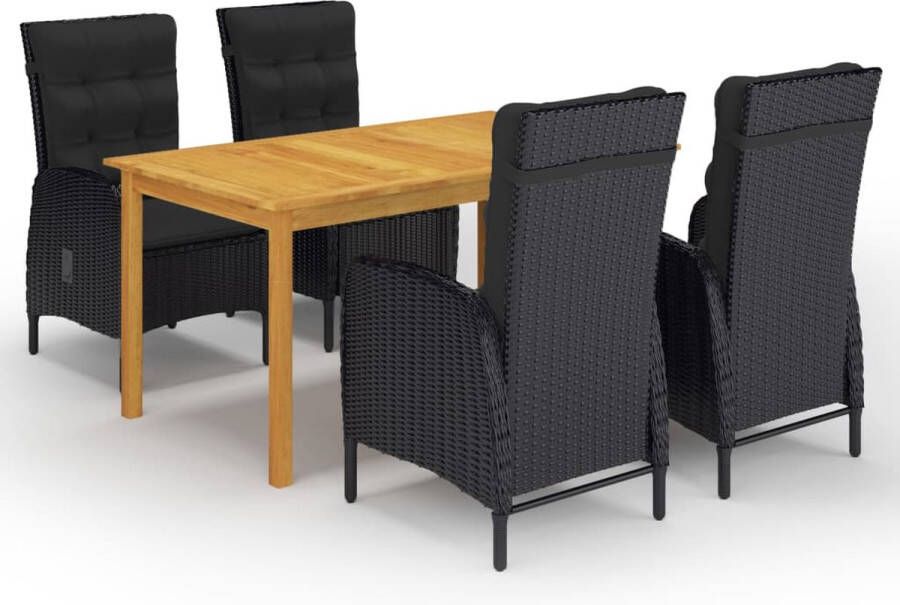 The Living Store Tuinset Acaciahouten eettafel Zwarte PE-rattan stoelen 150x90x74cm