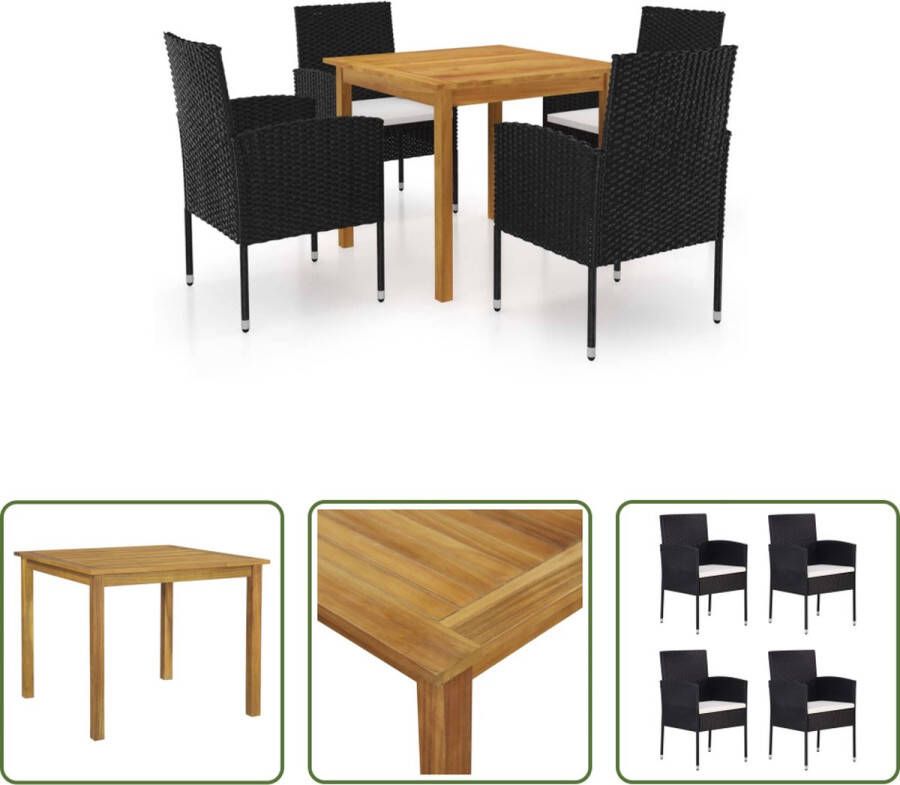 The Living Store Tuinset Acaciahouten eettafel Zwarte PE-rattan stoelen 85x85x74 cm Crèmewit kussen