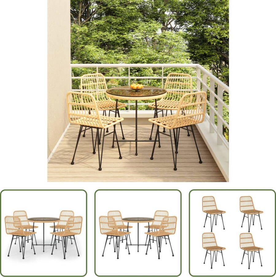 The Living Store Tuinset Bistroset PE-rattan Stalen frame Gehard glas Comfortabele zitplaats Inclusief tafel en 4 stoelen