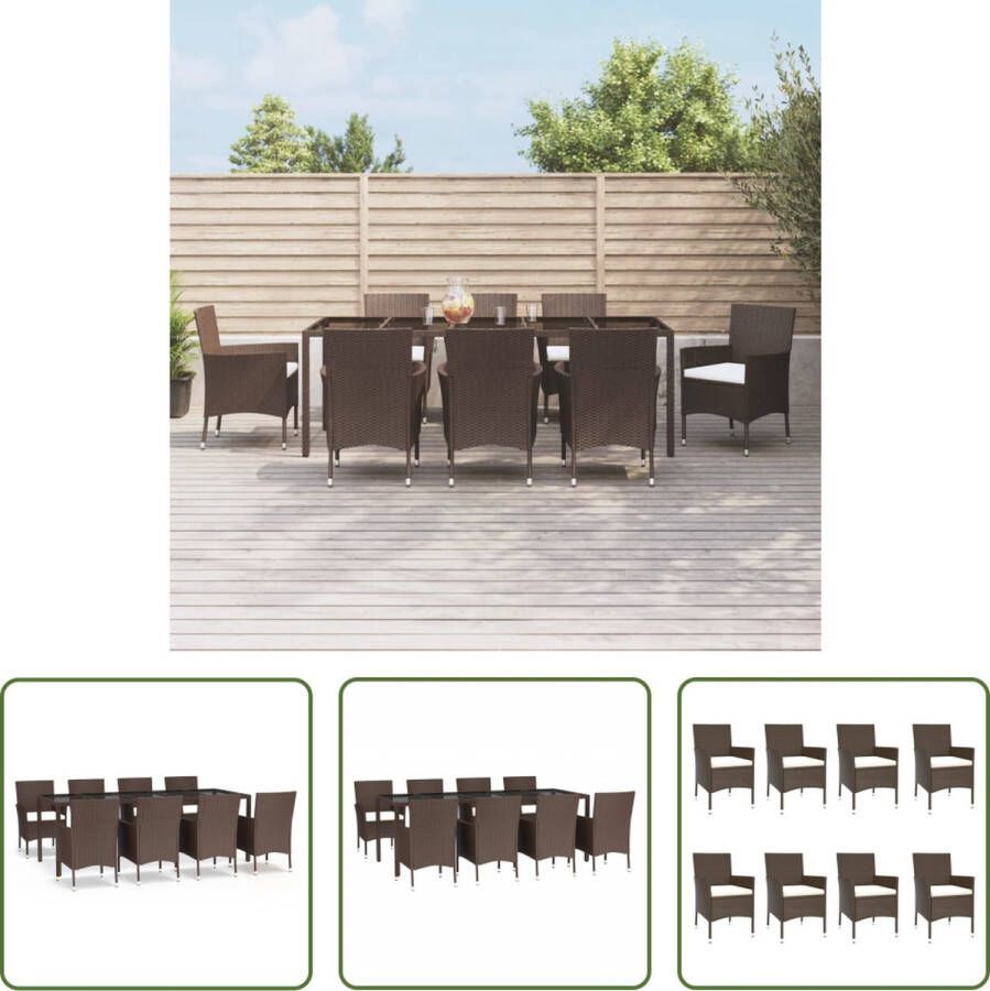 The Living Store Tuinset bruin eetkamerstoelen met kussens poly rattan tafel van gehard glas 250x100x75cm