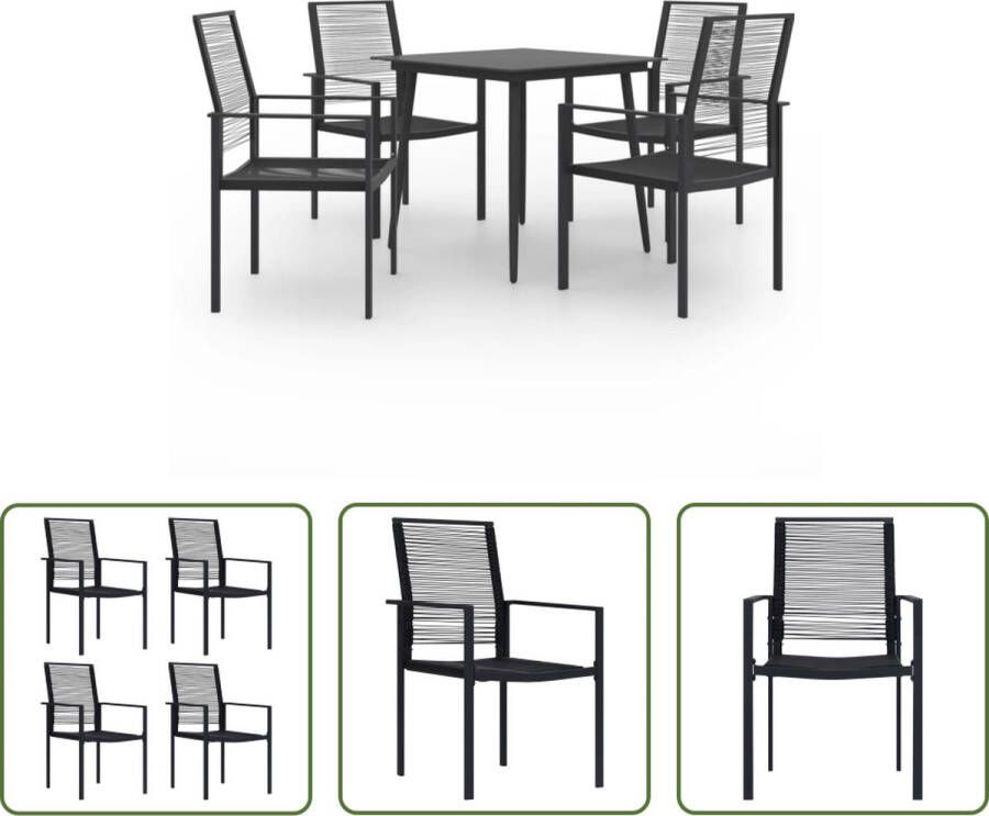 The Living Store Tuinset Eettafel en Stoelen Gepoedercoat Staal Glas Zwart 80 x 80 x 74 cm 60 x 55 x 90 cm