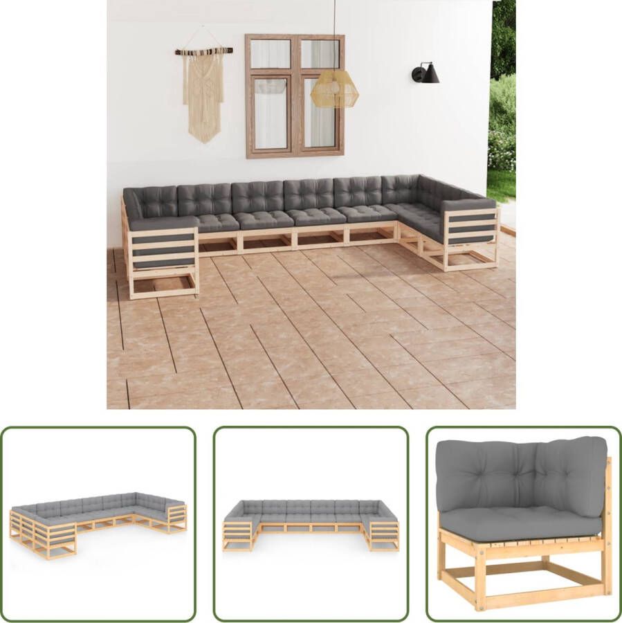 The Living Store Tuinset Grenenhout 4 hoekbank + 6 middenbank Grijs kussen Montage vereist