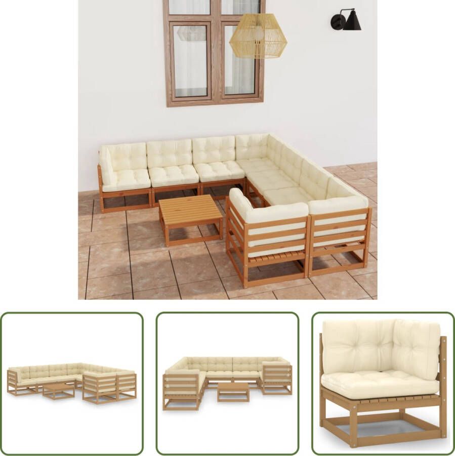 The Living Store Tuinset Grenenhout 4 hoekbanken 4 middenbanken 1 tafel 70x70x67 cm Honingbruin Crème kussens