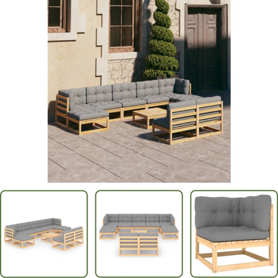 The Living Store Tuinset Grenenhout Grijs 2 hoekbank + 5 middenbank + 1 tafel + 2 voetenbank + 9 kussens