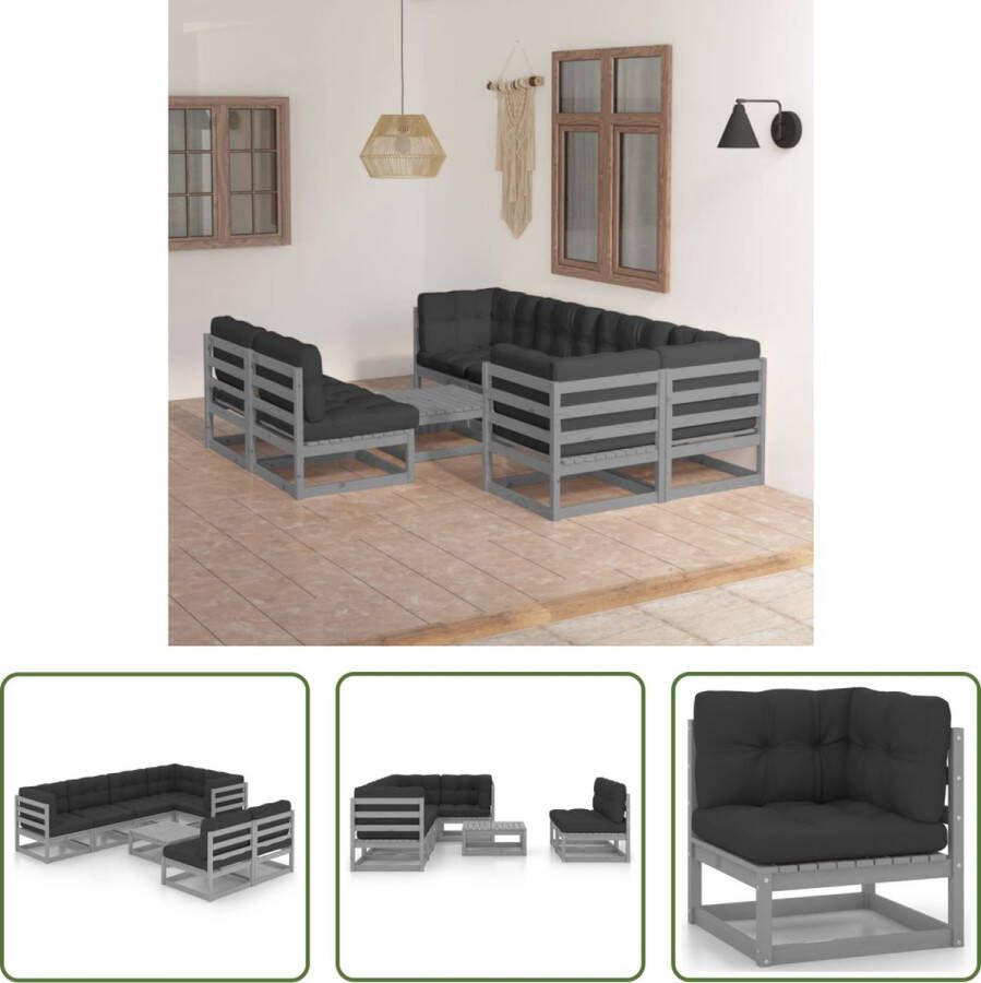 The Living Store Tuinset Grenenhout Grijs 4 middenbank 3 hoekbank 1 tafel 70x70x67cm 70x70x30cm 70x70x8cm 70x40x8cm