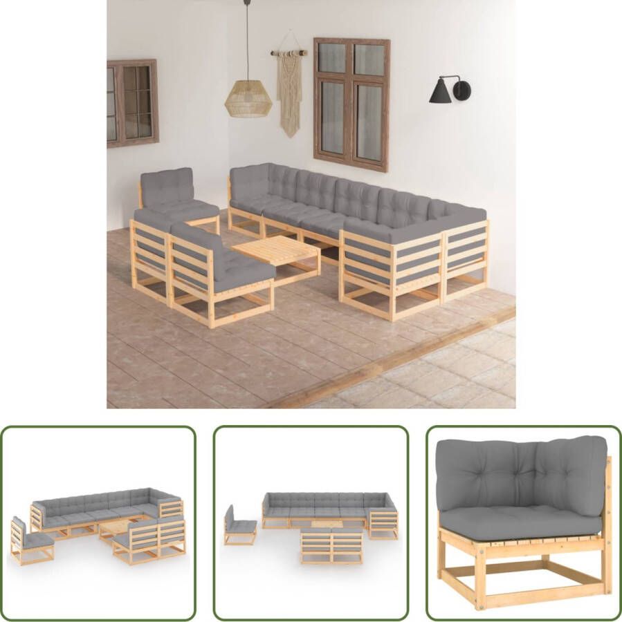 The Living Store Tuinset Grenenhout Grijs 6x Middenbank 3x Hoekbank 1x Tafel 9x Zitkussen 12x Rug Zijkussen